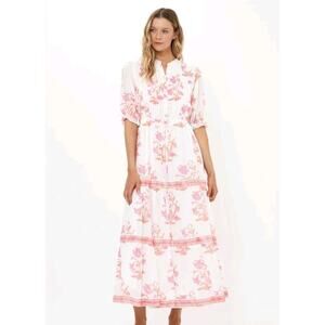 Oliphant Dress Womens XS Puff Sleeve Pink White Floral Maxi Lined Resort Wear